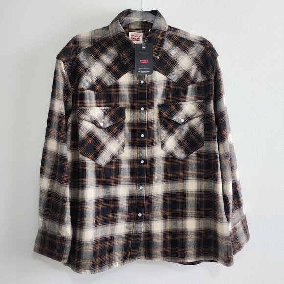 NWT Levi’s Plaid Flannel Button Down Shirt Brown Mens L - Snap button Western - Picture 1 of 9